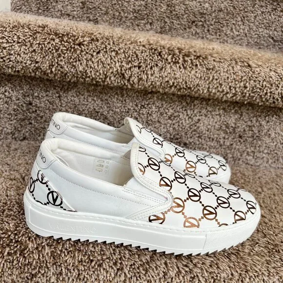 Valentino Women's White/ Brown Logo Leather Slip-on Sneakers